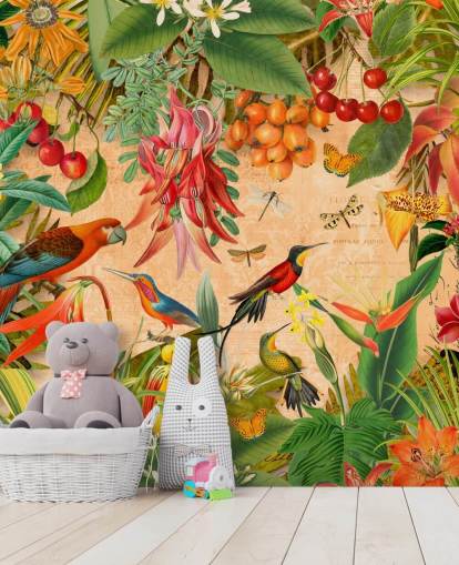 färgglad tropisk fågel tapet väggmålning kallad Tropical Summer Garden av Andrea Haase för badrum och kök färgglad tropisk fågel tapet väggmålning kallad Tropical Summer Garden av Andrea Haase för badrum och kök