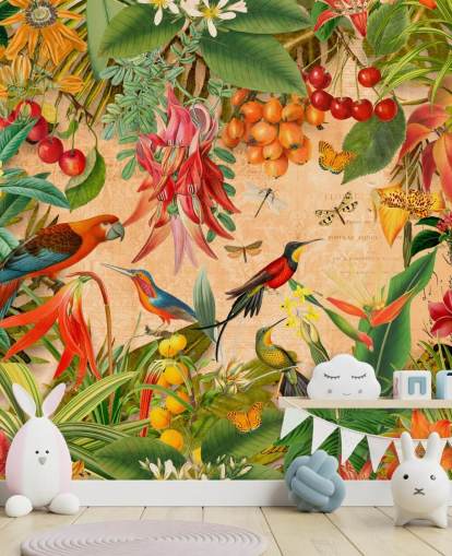 colorful tropical bird wallpaper mural called Tropical Summer Garden by Andrea Haase for bathrooms and kitchens