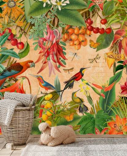 colourful tropical bird wallpaper mural called Tropical Summer Garden by Andrea Haase for bathrooms and kitchens colourful tropical bird wallpaper mural called Tropical Summer Garden by Andrea Haase for bathrooms and kitchens