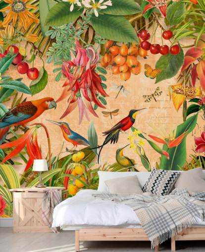 murale di carta da parati colorato con uccelli tropicali chiamato Tropical Summer Garden di Andrea Haase per bagni e cucine
