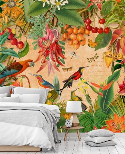 färgglad tropisk fågel tapet väggmålning kallad Tropical Summer Garden av Andrea Haase för badrum och kök