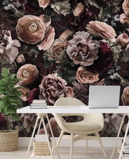 dark pink floral wallpaper called Velveteen Flowers Dark Blush by Andrea Haase for bedrooms and living rooms