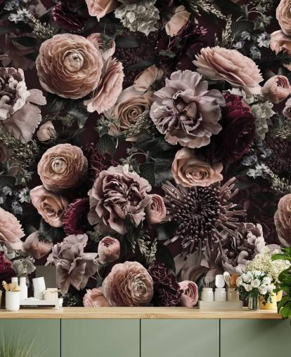 dark pink floral wallpaper called Velveteen Flowers Dark Blush by Andrea Haase for bedrooms and living rooms