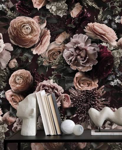 dark pink floral wallpaper called Velveteen Flowers Dark Blush by Andrea Haase for bedrooms and living rooms