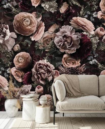 dark pink floral wallpaper called Velveteen Flowers Dark Blush by Andrea Haase for bedrooms and living rooms