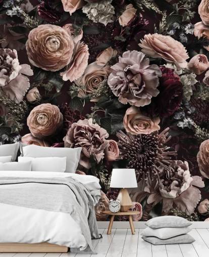 dark pink floral wallpaper called Velveteen Flowers Dark Blush by Andrea Haase for bedrooms and living rooms