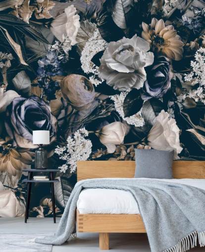 dark floral wallpaper mural called Vintage Flower Meadow by Andrea Haase for bedrooms, living rooms and dining rooms
