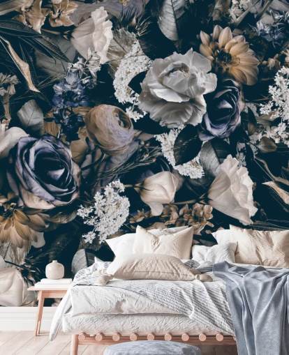 donkere bloemenmuurschildering genaamd Vintage Flower Meadow van Andrea Haase voor slaapkamers, woonkamers en eetkamers