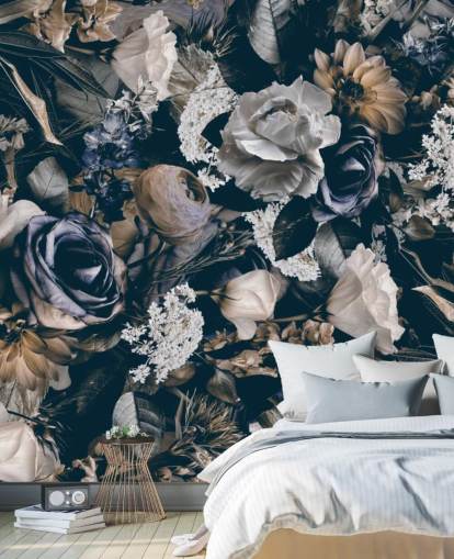 donkere bloemenmuurschildering genaamd Vintage Flower Meadow van Andrea Haase voor slaapkamers, woonkamers en eetkamers