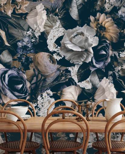 mørkt blomstertapet vægmaleri kaldet Vintage Flower Meadow af Andrea Haase til soveværelser, stuer og spisestuer mørkt blomstertapet vægmaleri kaldet Vintage Flower Meadow af Andrea Haase til soveværelser, stuer og spisestuer