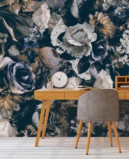 dark floral wallpaper mural called Vintage Flower Meadow by Andrea Haase for bedrooms, living rooms and dining rooms
