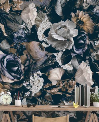 mural de papel de parede floral escuro chamado Vintage Flower Meadow de Andrea Haase para quartos, salas de estar e salas de jantar