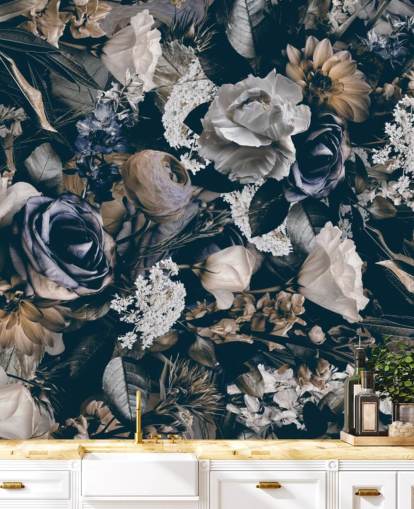 dark floral wallpaper mural called Vintage Flower Meadow by Andrea Haase for bedrooms, living rooms and dining rooms