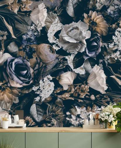 dark floral wallpaper mural called Vintage Flower Meadow by Andrea Haase for bedrooms, living rooms and dining rooms