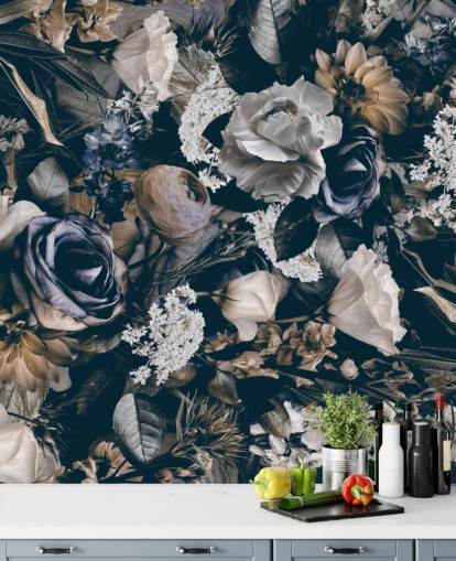 dunkles Blumentapetenwandbild namens Vintage Flower Meadow von Andrea Haase für Schlafzimmer, Wohn- und Esszimmer dunkles Blumentapetenwandbild namens Vintage Flower Meadow von Andrea Haase für Schlafzimmer, Wohn- und Esszimmer