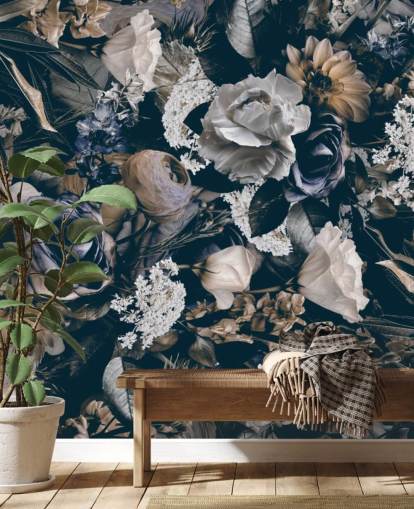 dark floral wallpaper mural called Vintage Flower Meadow by Andrea Haase for bedrooms, living rooms and dining rooms