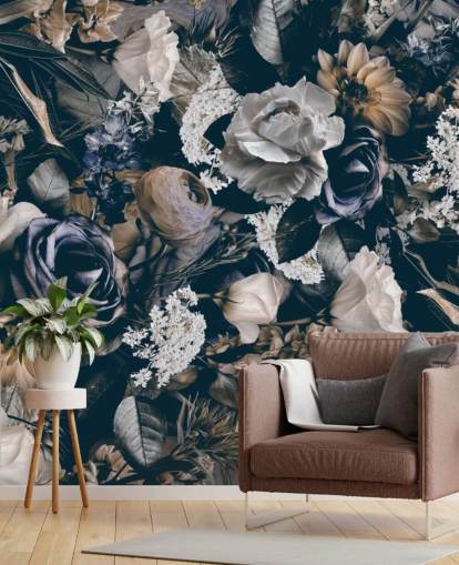 dunkles Blumentapetenwandbild namens Vintage Flower Meadow von Andrea Haase für Schlafzimmer, Wohn- und Esszimmer dunkles Blumentapetenwandbild namens Vintage Flower Meadow von Andrea Haase für Schlafzimmer, Wohn- und Esszimmer