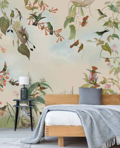 botanische Landschaft und Vogel-Tapete