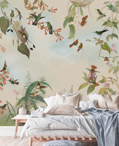 botanical scenery and birds wallpaper