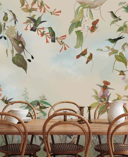 botanische Landschaft und Vogel-Tapete