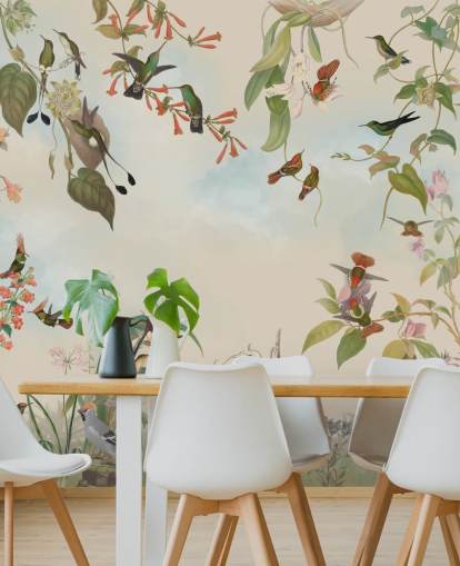 botanisch landschap en vogels behang