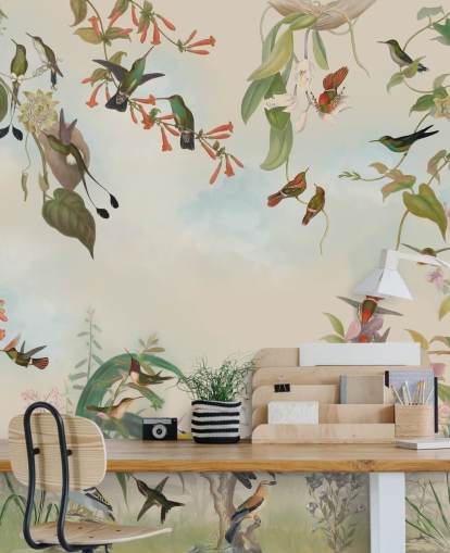 botanische Landschaft und Vogel-Tapete