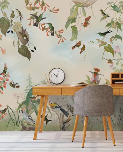 botanisch landschap en vogels behang