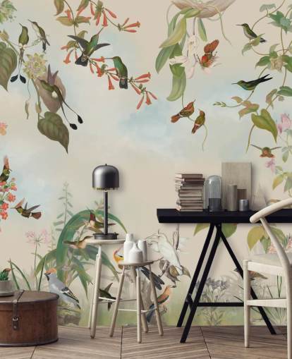 botanisch landschap en vogels behang botanisch landschap en vogels behang