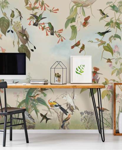 botanical scenery and birds wallpaper