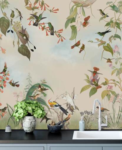 paesaggio botanico e carta da parati con uccelli paesaggio botanico e carta da parati con uccelli