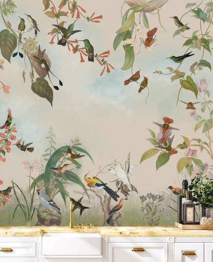 botanische Landschaft und Vogel-Tapete