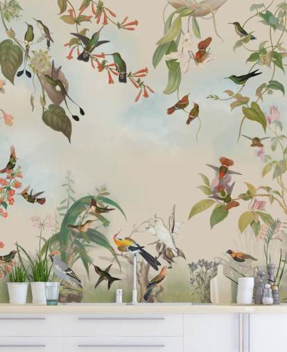 botanical scenery and birds wallpaper