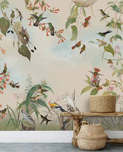 botanical scenery and birds wallpaper