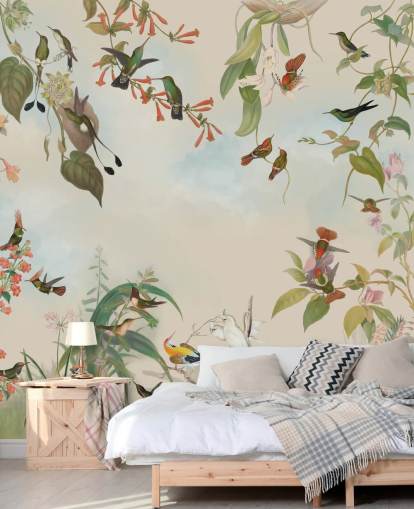 botanical scenery and birds wallpaper