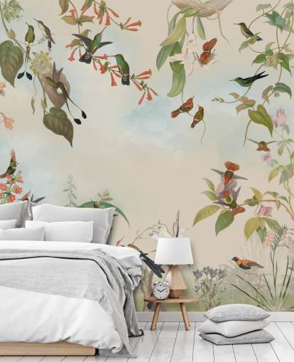botanical scenery and birds wallpaper