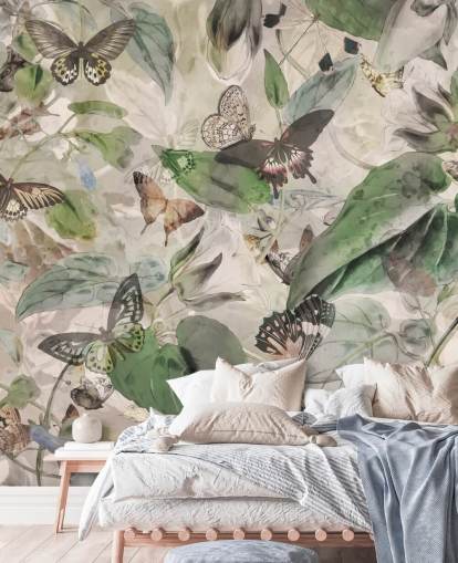 papier peint papillons et feuilles