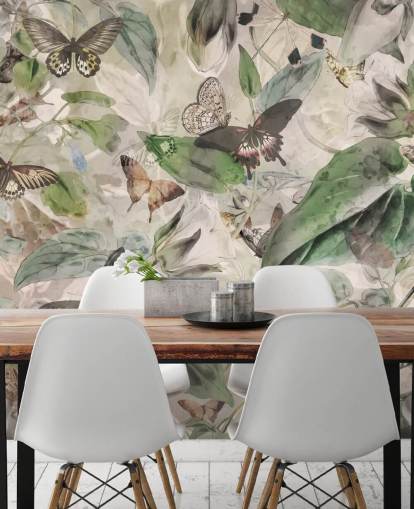 vlinders en bladeren behang