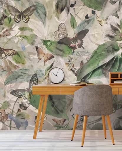 papier peint papillons et feuilles