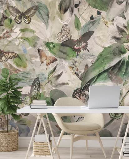 papier peint papillons et feuilles