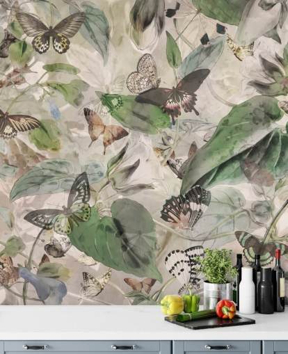 papier peint papillons et feuilles