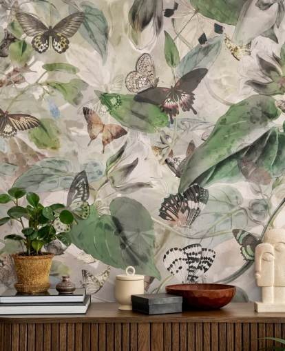 papier peint papillons et feuilles