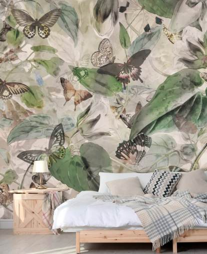 papier peint papillons et feuilles