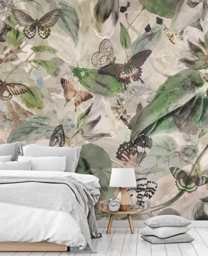 papier peint papillons et feuilles