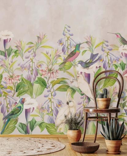 kolibrier og blomster tapet