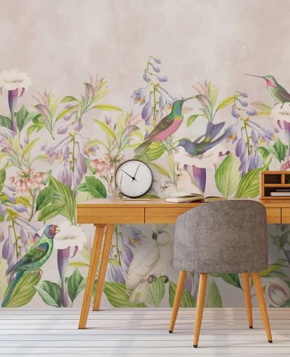 papel pintado de colibríes y flores