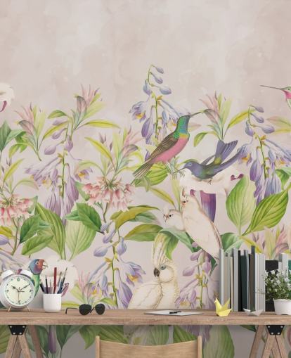hummingbirds and floral wallpaper