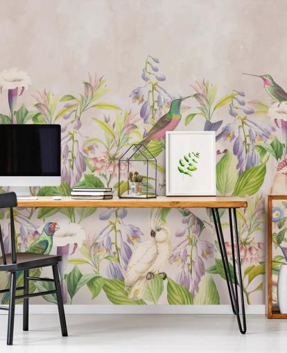 hummingbirds and floral wallpaper