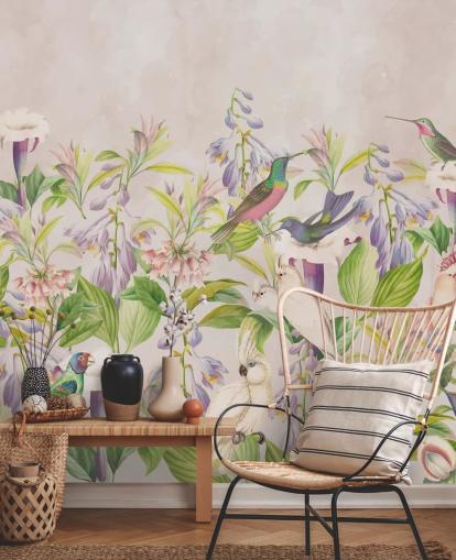 hummingbirds and floral wallpaper