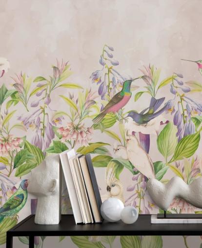 papel pintado de colibríes y flores