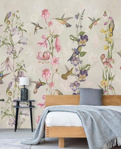 pastel flowers and birds wallpaper
